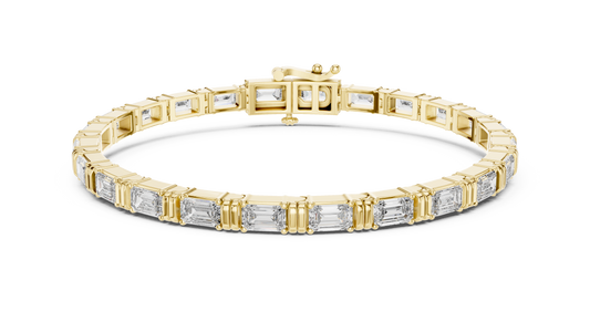 Yellow gold 8.96 ct east west emerald cut lab grown diamond tennis bracelet, front view