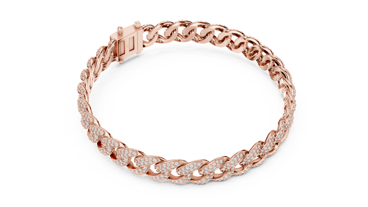 Rose gold pave cuban link lab grown diamond bracelet, side view