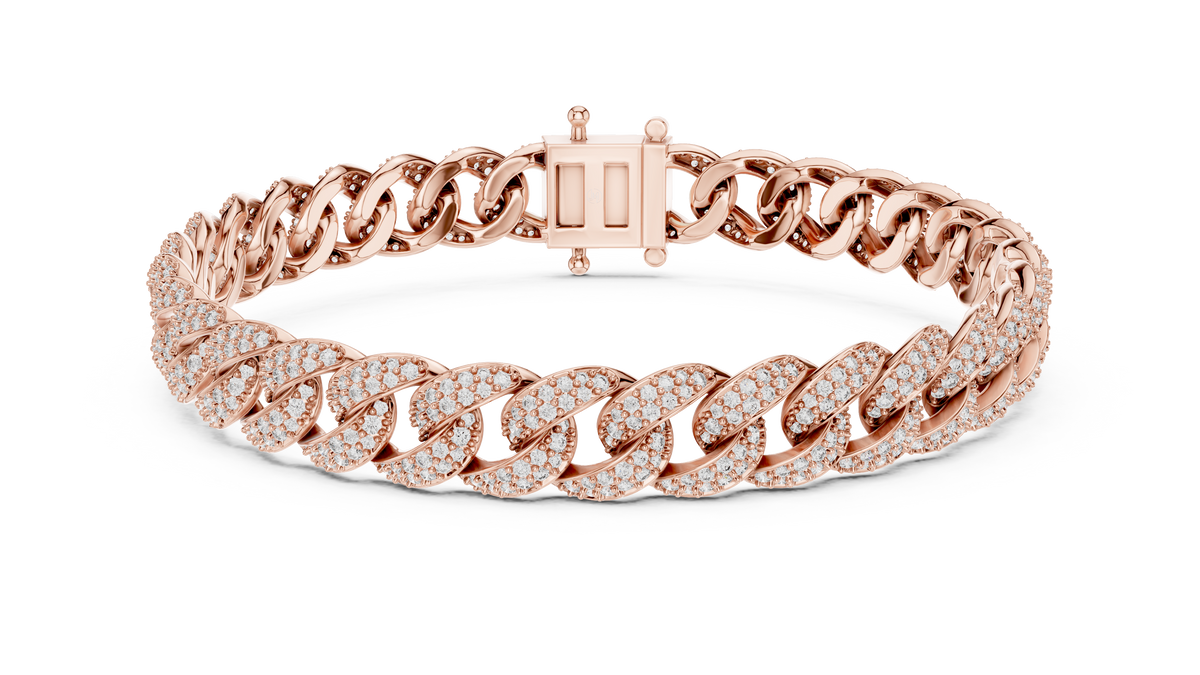 Rose gold 5 ct pave cuban link lab grown diamond bracelet, front view
