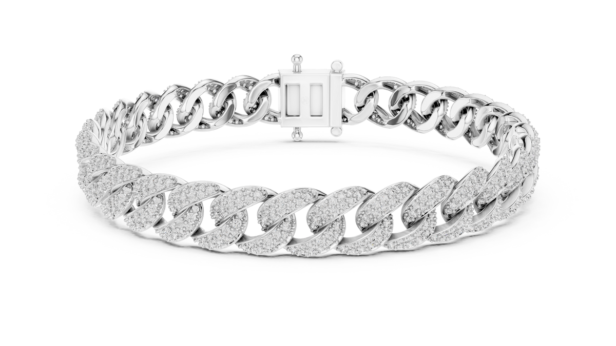 White gold 5 ct pave cuban link lab grown diamond bracelet, front view