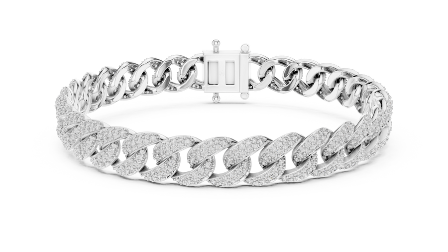 White gold 5 ct pave cuban link lab grown diamond bracelet, front view