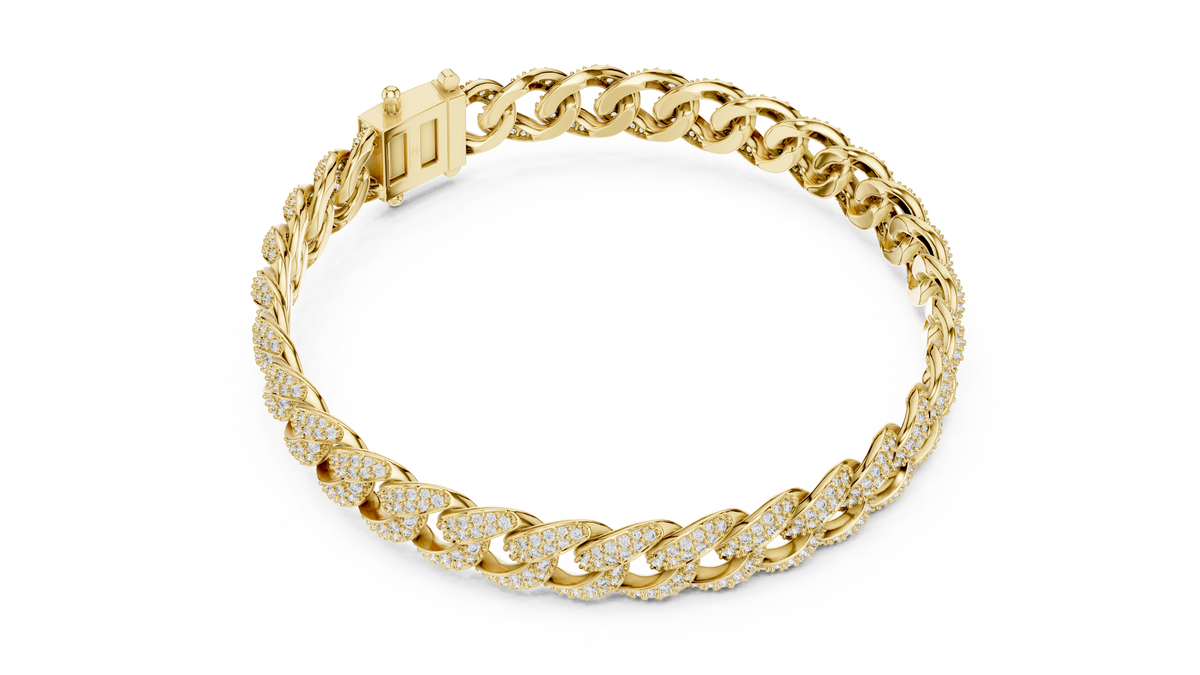 Yellow gold pave cuban link lab grown diamond bracelet, side view
