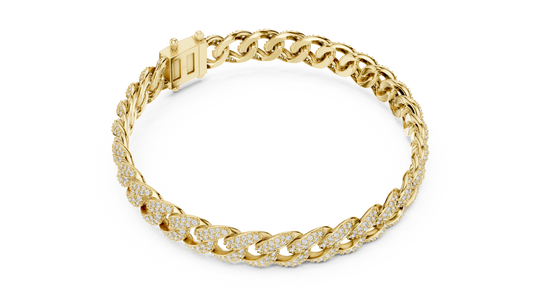 Yellow gold pave cuban link lab grown diamond bracelet, side view