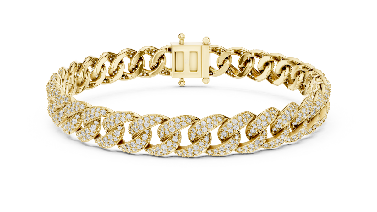 Yellow gold 5 ct pave cuban link lab grown diamond bracelet, front view