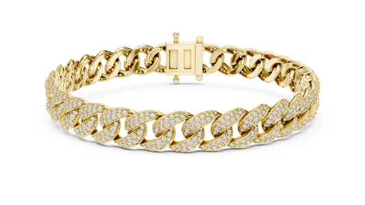 Yellow gold 5 ct pave cuban link lab grown diamond bracelet, front view