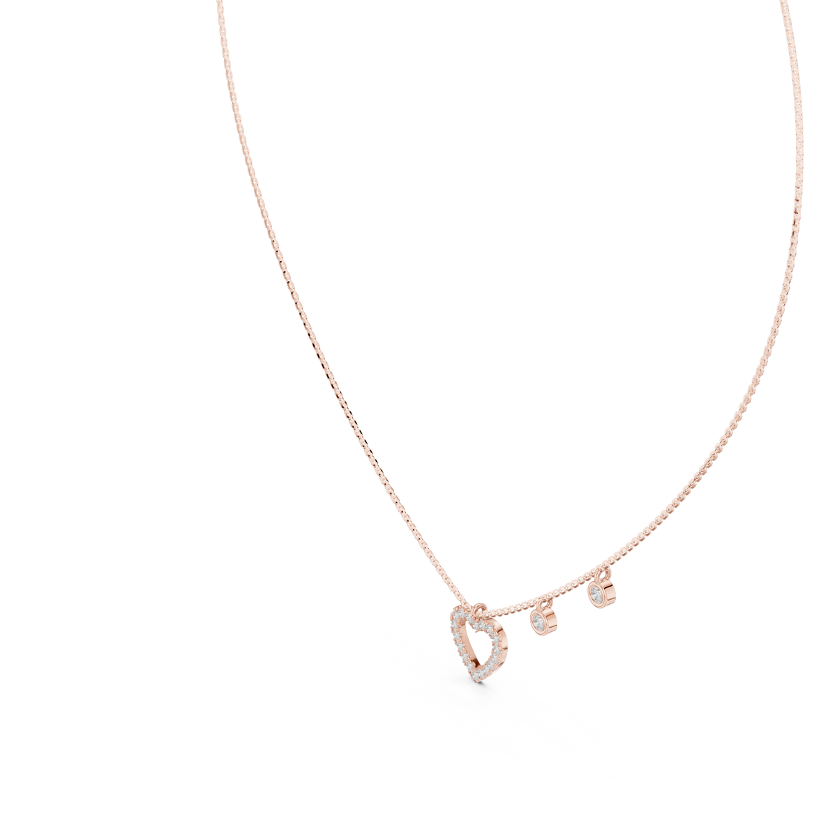 Rose gold round cut lab grown diamond open heart pendant necklace, side view