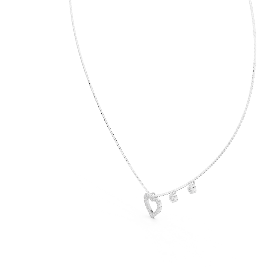 White gold round cut lab grown diamond open heart pendant necklace, side view