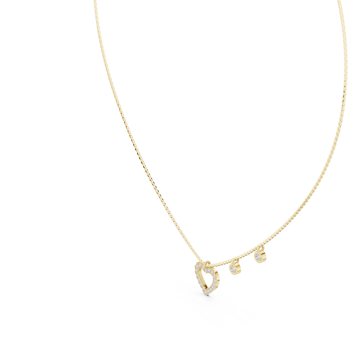 Yellow gold round cut lab grown diamond open heart pendant necklace, side view