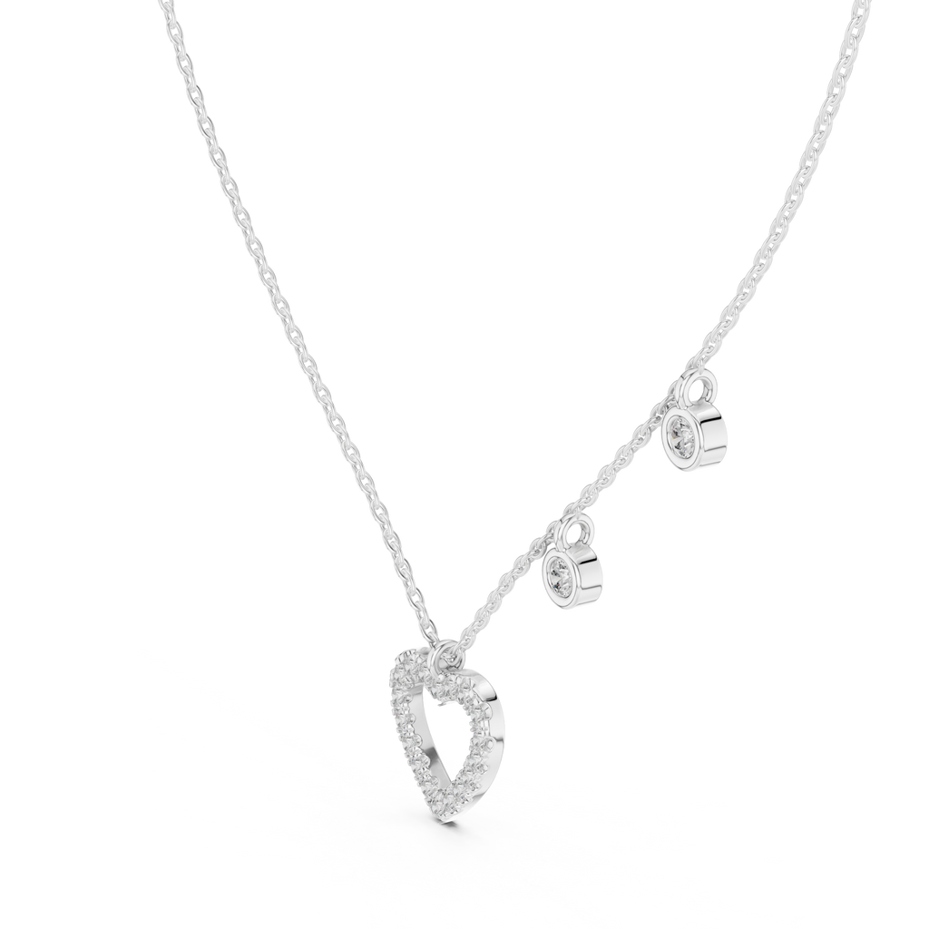 "Diamond-accented heart pendant necklace with dangling charms in white gold or sterling silver"