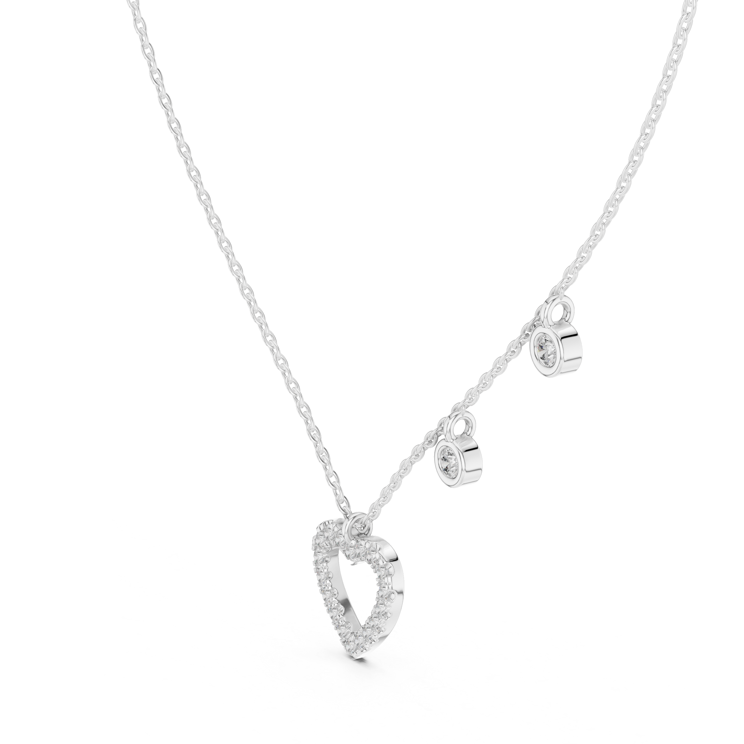 "Diamond-accented heart pendant necklace with dangling charms in white gold or sterling silver"