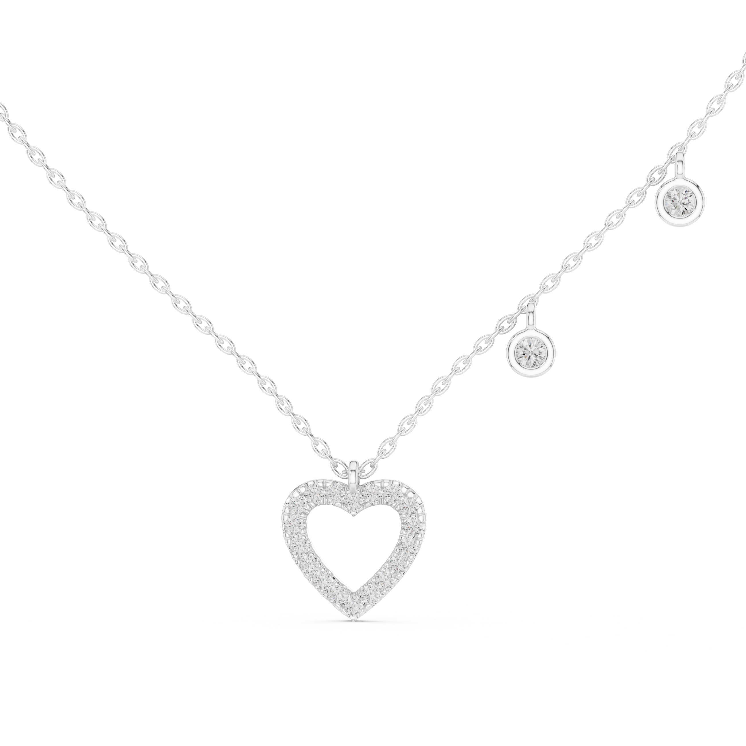 "Diamond heart-shaped pendant necklace with dangling diamond accent charms in silver or white gold"