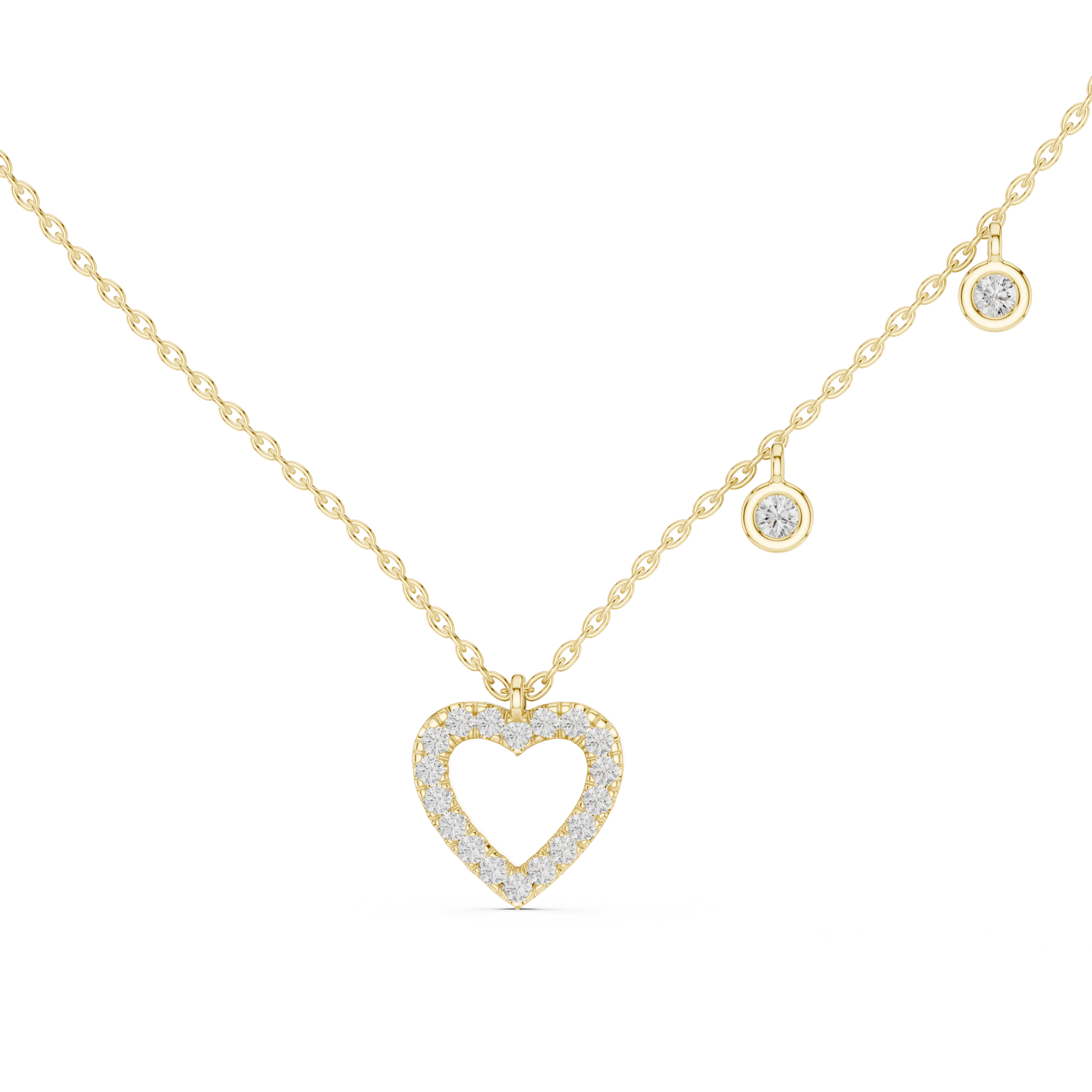 "yellow gold heart-shaped diamond pendant necklace with dangling diamond accents"