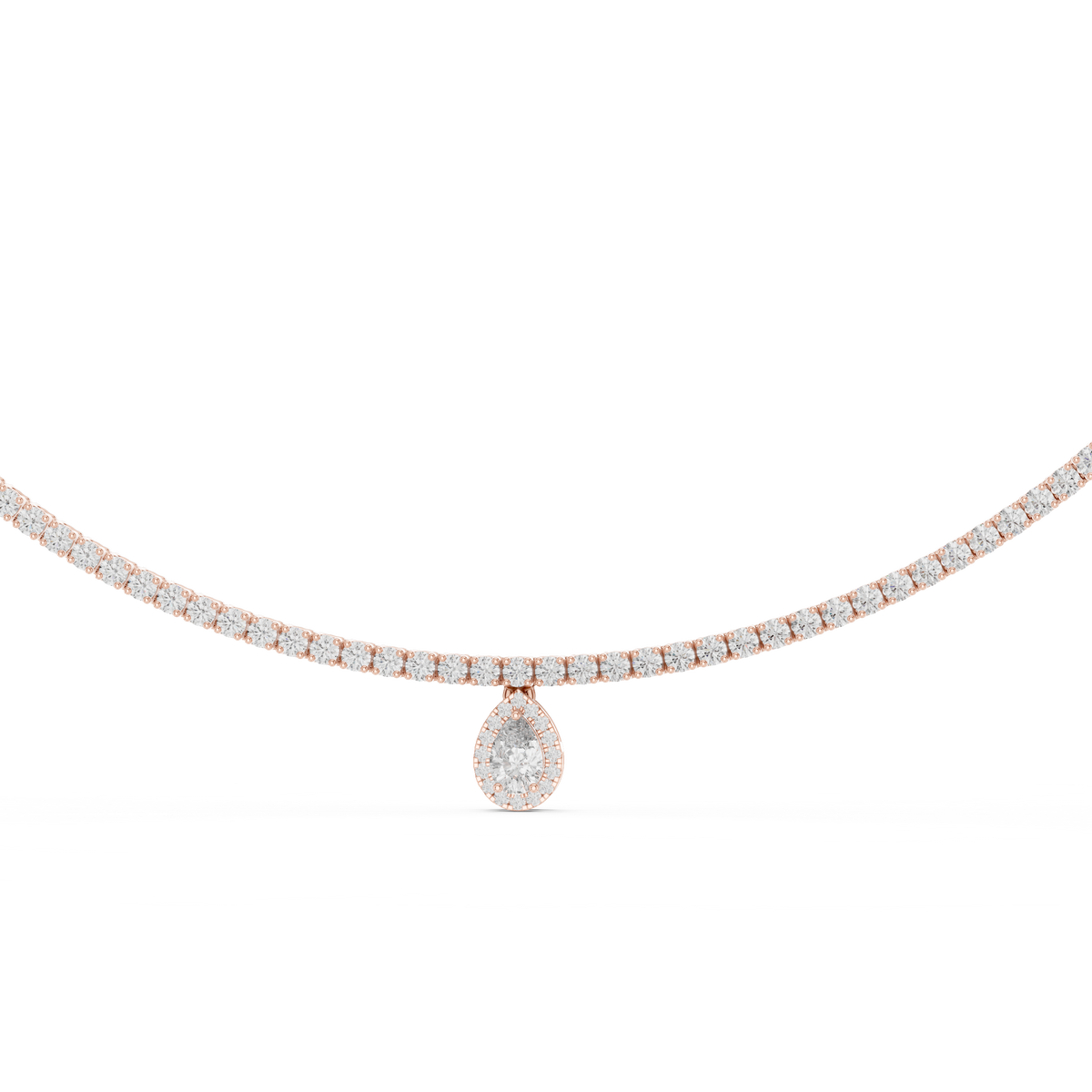 Close up of rose gold diamond tennis necklace with pear cut halo drop