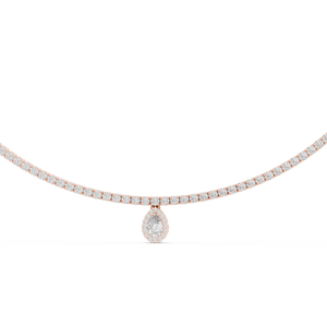 Close up of rose gold diamond tennis necklace with pear cut halo drop