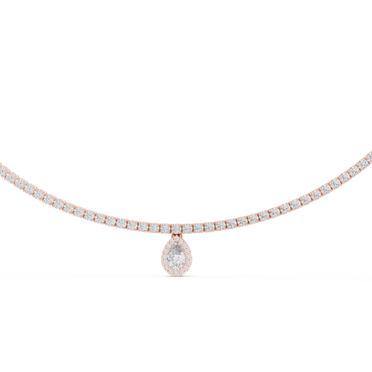 Close up of rose gold diamond tennis necklace with pear cut halo drop