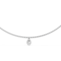 Close up of white gold diamond tennis necklace with pear cut halo drop
