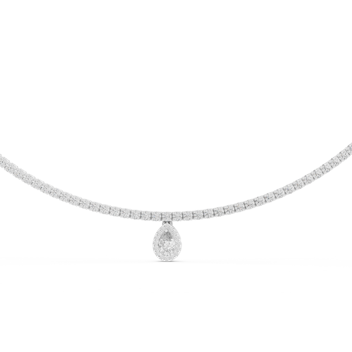Close up of white gold diamond tennis necklace with pear cut halo drop