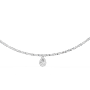 Close up of white gold diamond tennis necklace with pear cut halo drop