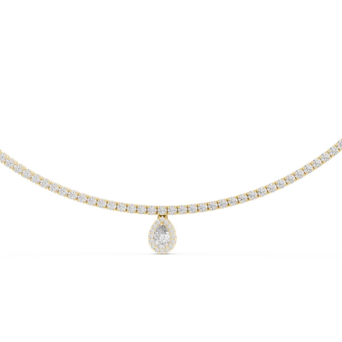 Close up of yellow gold diamond tennis necklace with pear cut halo drop