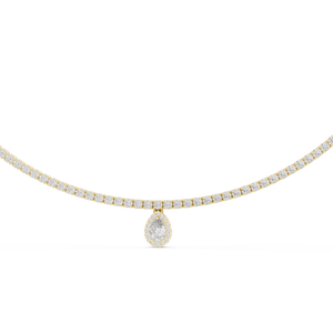 Close up of yellow gold diamond tennis necklace with pear cut halo drop