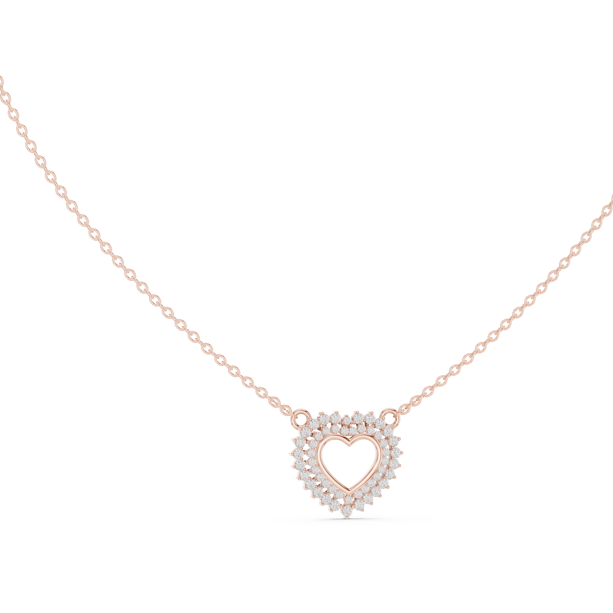 Rose gold 0.38 ct round cut lab grown diamond double halo heart pendant necklace, front view