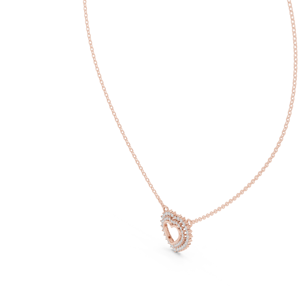 Rose gold round cut lab grown diamond double halo heart pendant necklace, side view