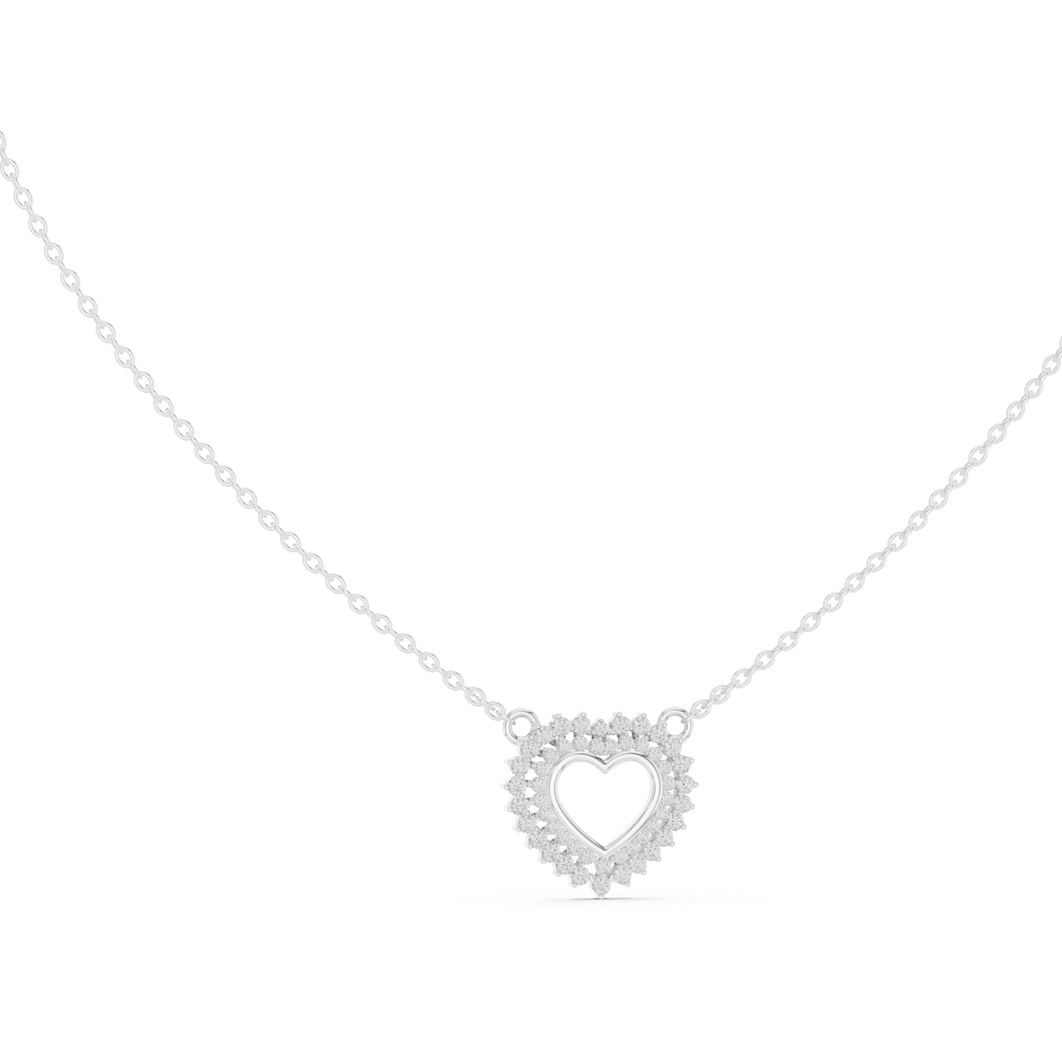 White gold 0.38 ct round cut lab grown diamond double halo heart pendant necklace, front view