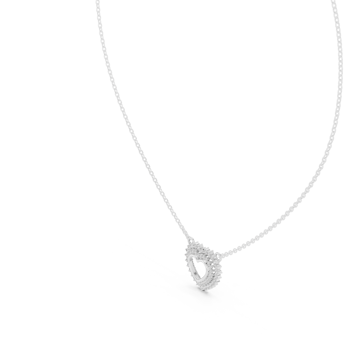 White gold round cut lab grown diamond double halo heart pendant necklace, side view