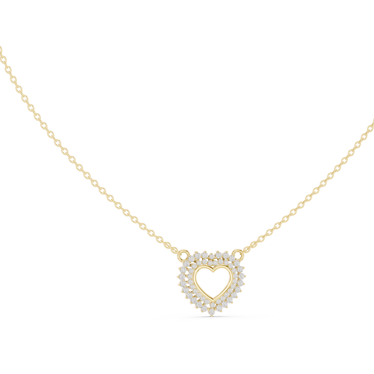 Yellow gold 0.38 ct round cut lab grown diamond double halo heart pendant necklace, front view