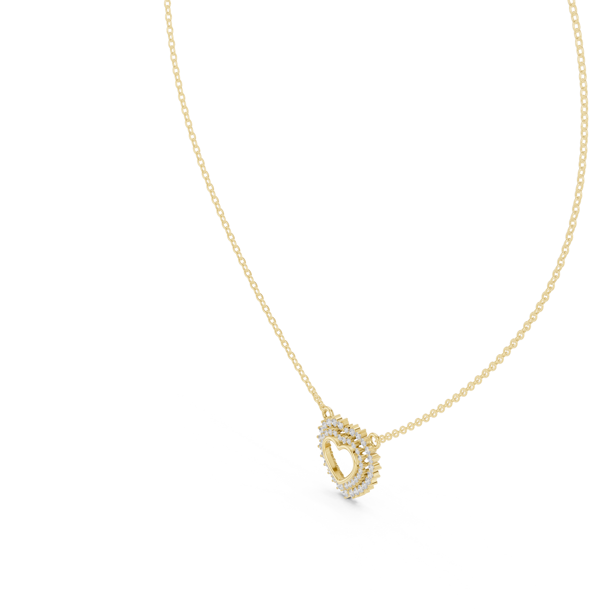 Yellow gold round cut lab grown diamond double halo heart pendant necklace, side view