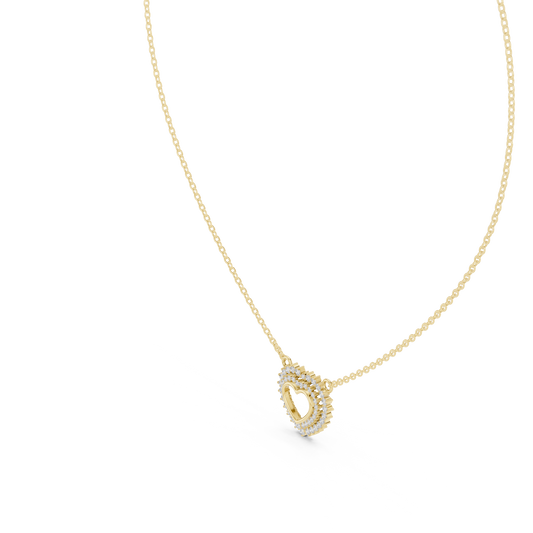 Yellow gold round cut lab grown diamond double halo heart pendant necklace, side view