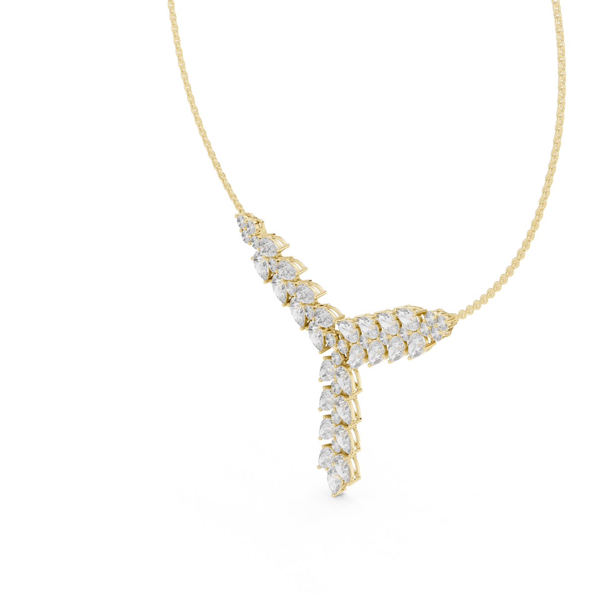 Yellow gold pear and round cut lab grown diamond Y-drop statement necklace, side view