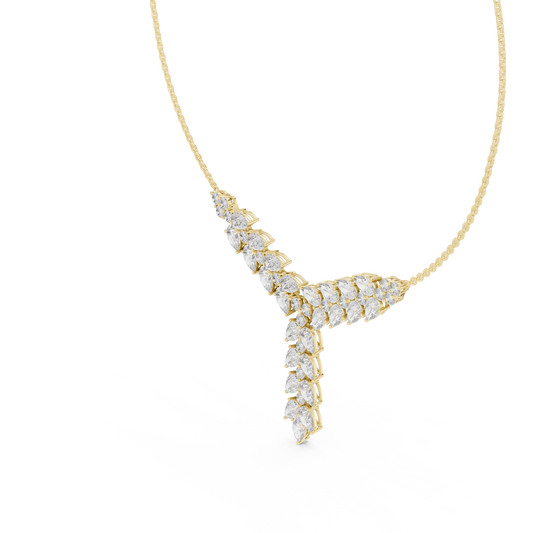 Yellow gold pear and round cut lab grown diamond Y-drop statement necklace, side view