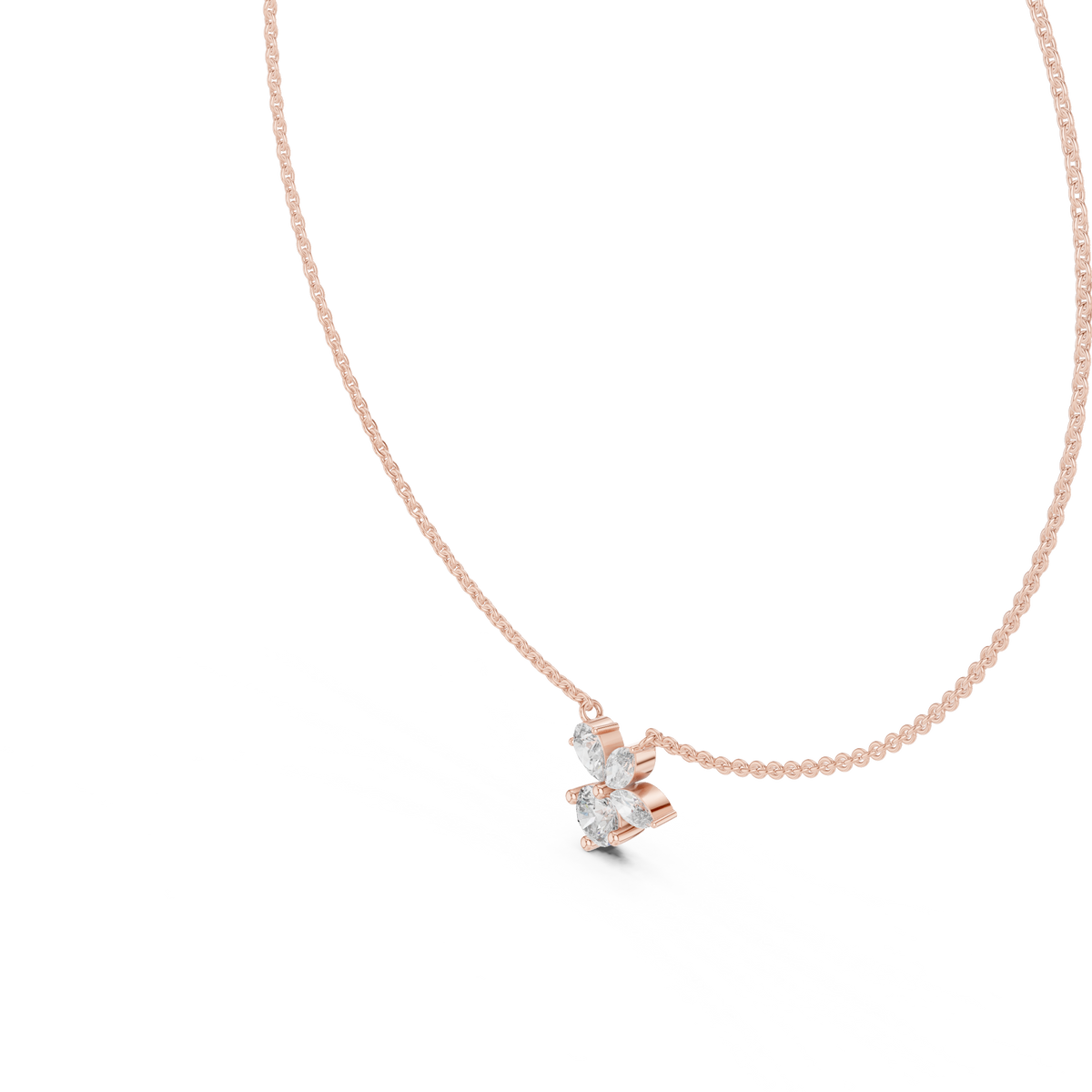 Rose gold round, pear and marquise lab grown diamond cluster pendant necklace, side view