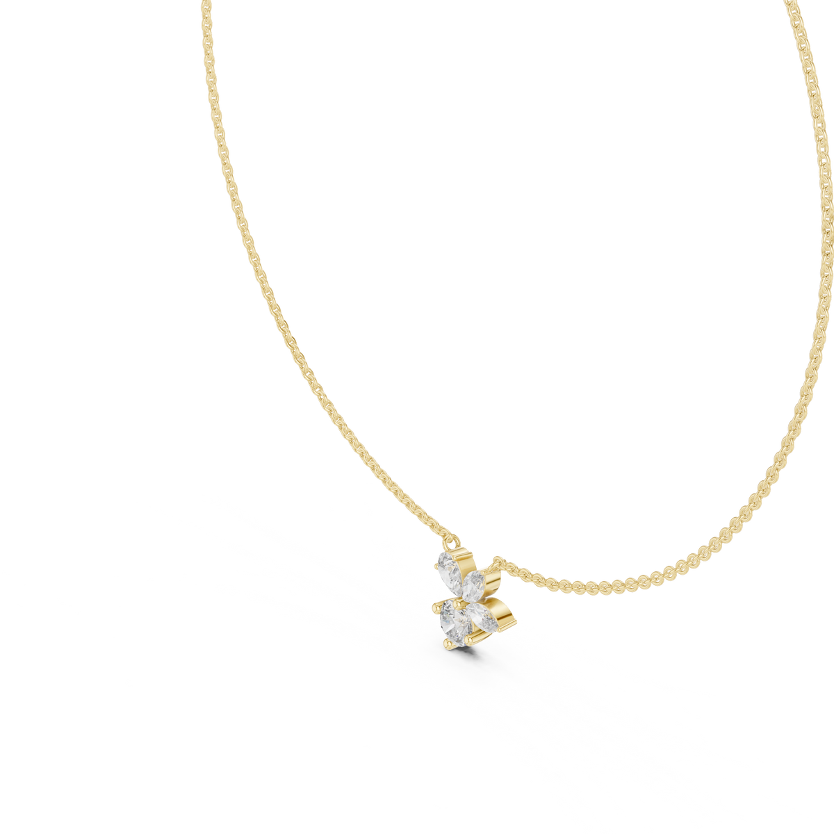 Yellow gold round, pear and marquise lab grown diamond cluster pendant necklace, side view