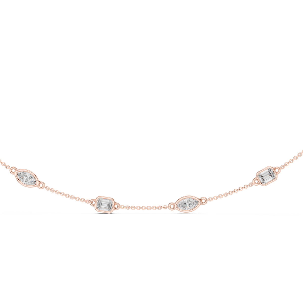 Rose gold lab grown diamond station necklace, close-up of bezel-set diamonds