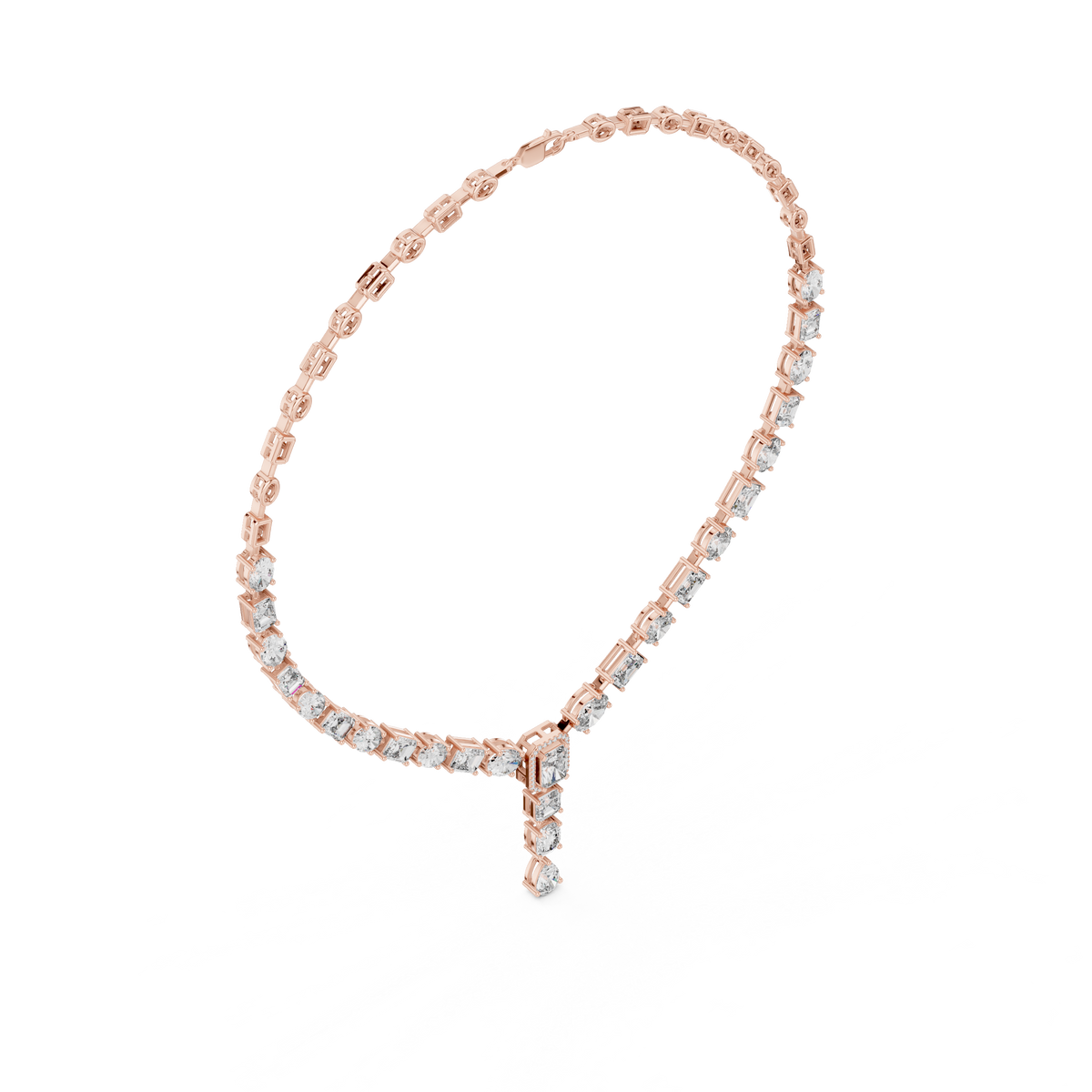 Rose gold lab grown diamond Y-drop necklace, articulated diamond drop detail