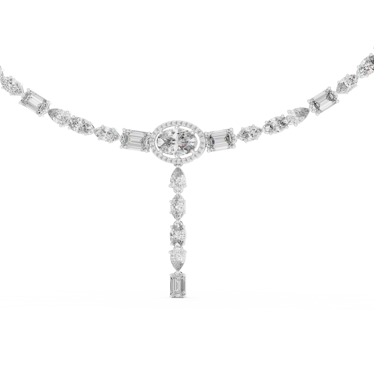 White gold lab grown diamond tennis Y-necklace, angled view