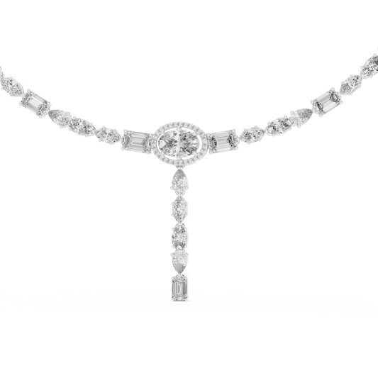 White gold lab grown diamond tennis Y-necklace, angled view