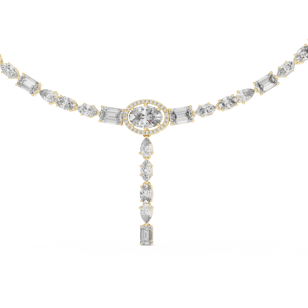 Yellow gold lab grown diamond tennis Y-necklace, angled view