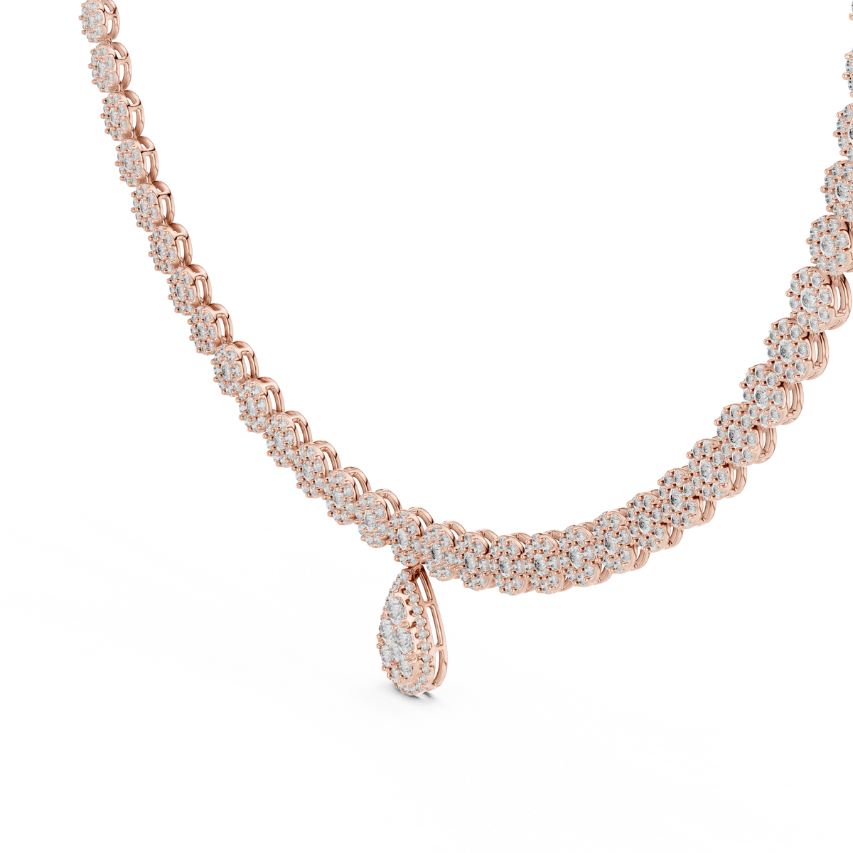 Rose gold 7.88 CTW lab grown diamond cluster necklace with pear drop, front view