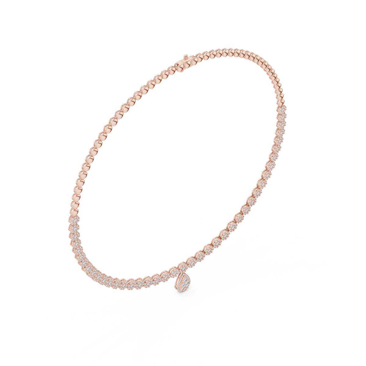 Rose gold lab grown diamond cluster necklace with pear drop, side view