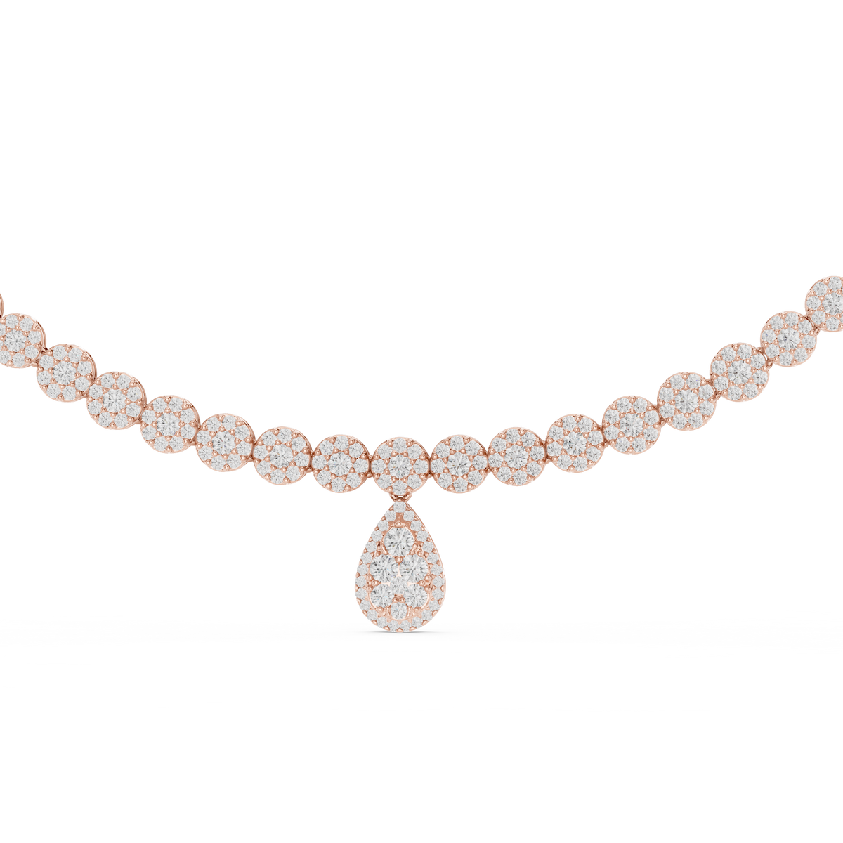 Rose gold lab grown diamond cluster necklace with pear drop, angled view
