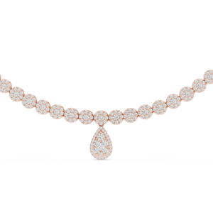 Rose gold lab grown diamond cluster necklace with pear drop, angled view