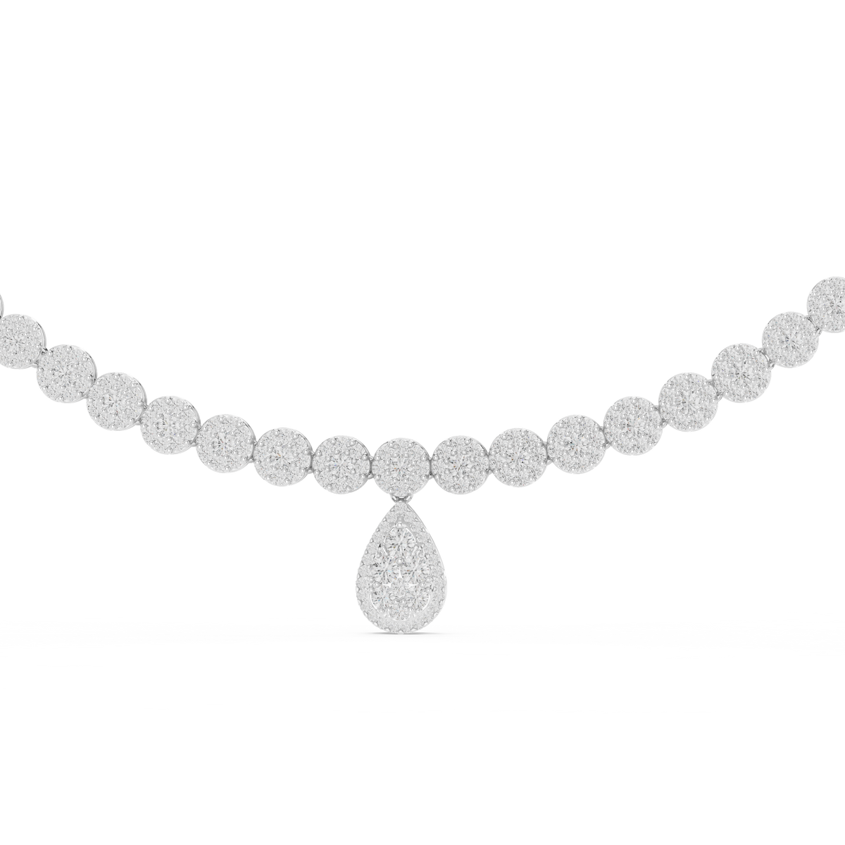 White gold lab grown diamond cluster necklace with pear drop, angled view
