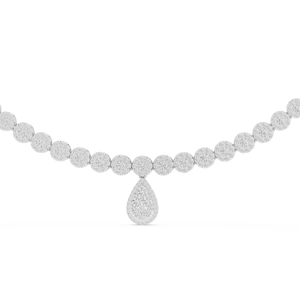 White gold lab grown diamond cluster necklace with pear drop, angled view