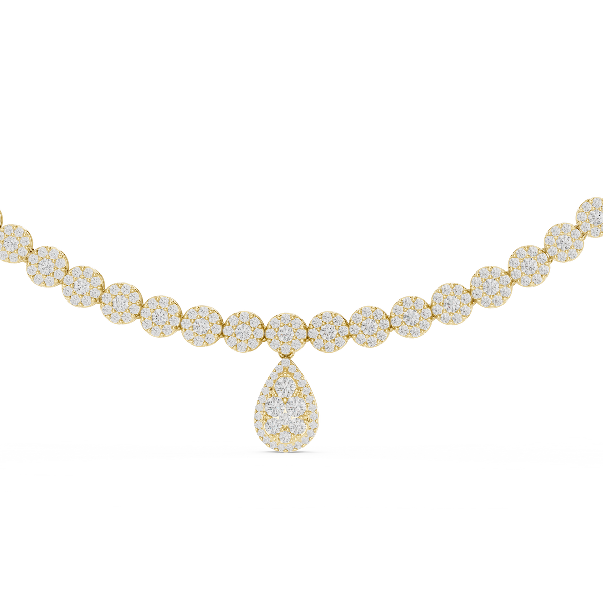 Yellow gold lab grown diamond cluster necklace with pear drop, angled view