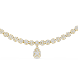 Yellow gold lab grown diamond cluster necklace with pear drop, angled view