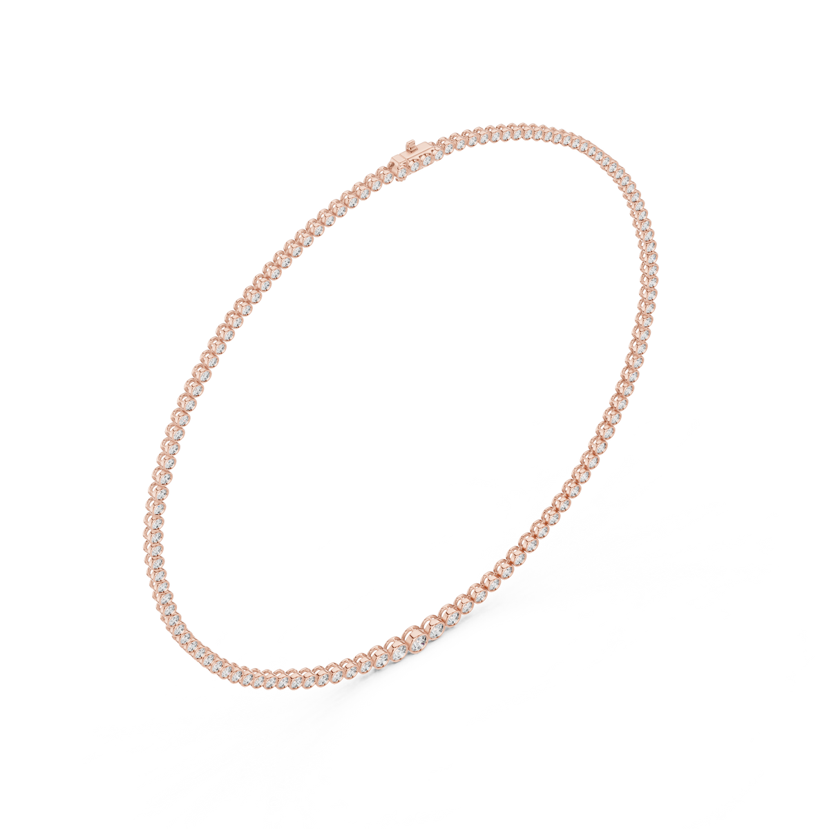 Rose gold graduated lab grown diamond bezel necklace, side view