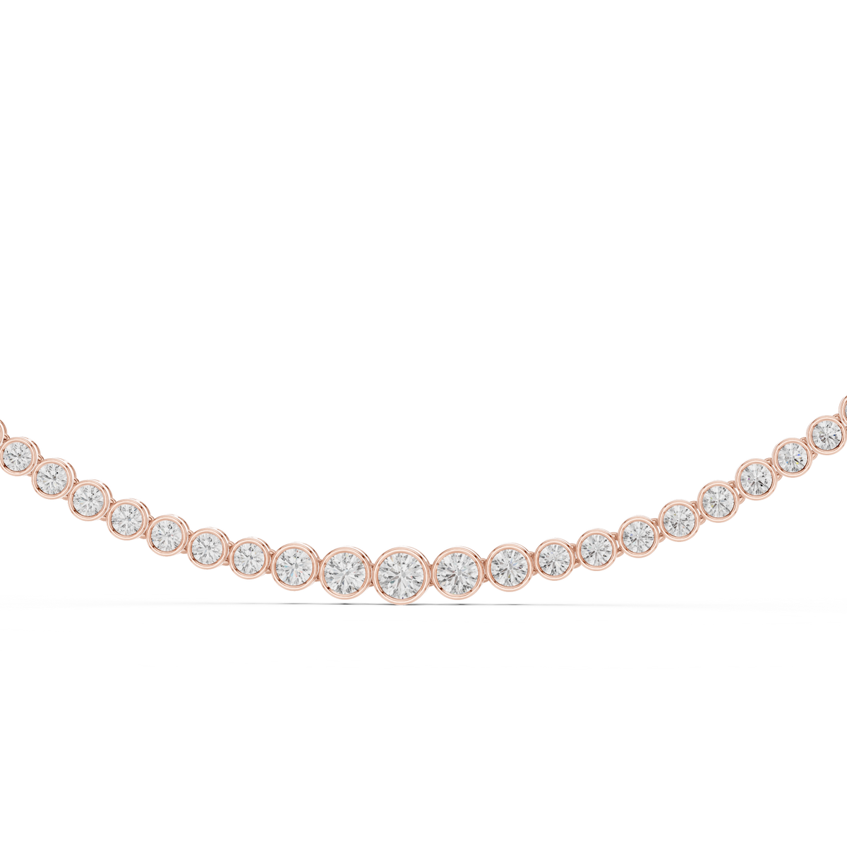 Rose gold graduated lab grown diamond bezel necklace, angled view